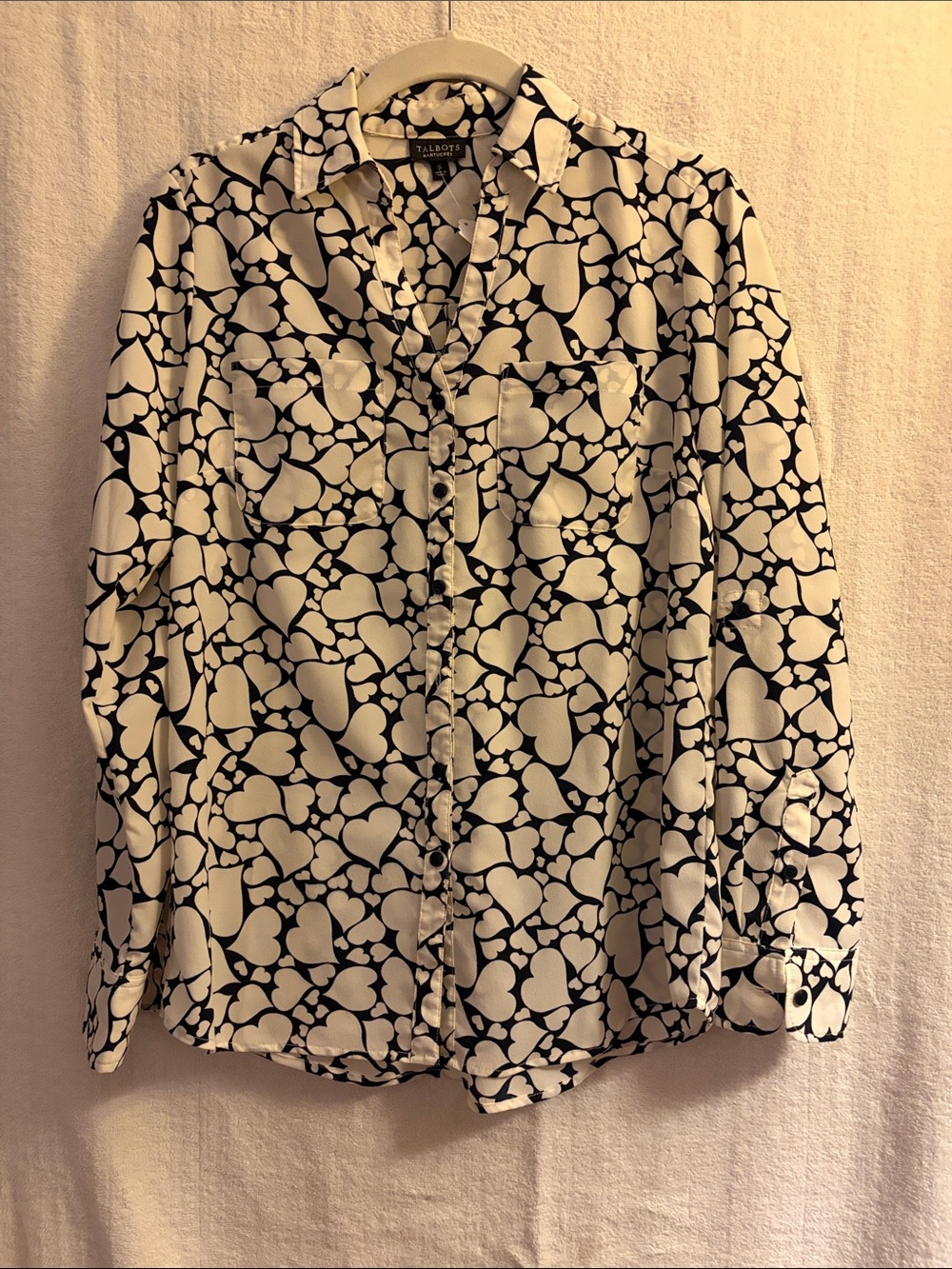 Talbots Black and White Heart-Print Button-Down Shirt